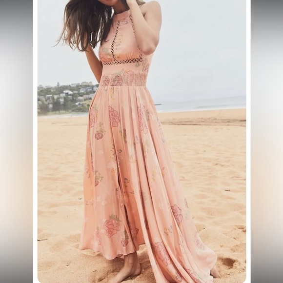 Jaase Endless Summer Bohemian Pink Floral Maxi Dress Smocked Halter Open Back M - Picture 9 of 16